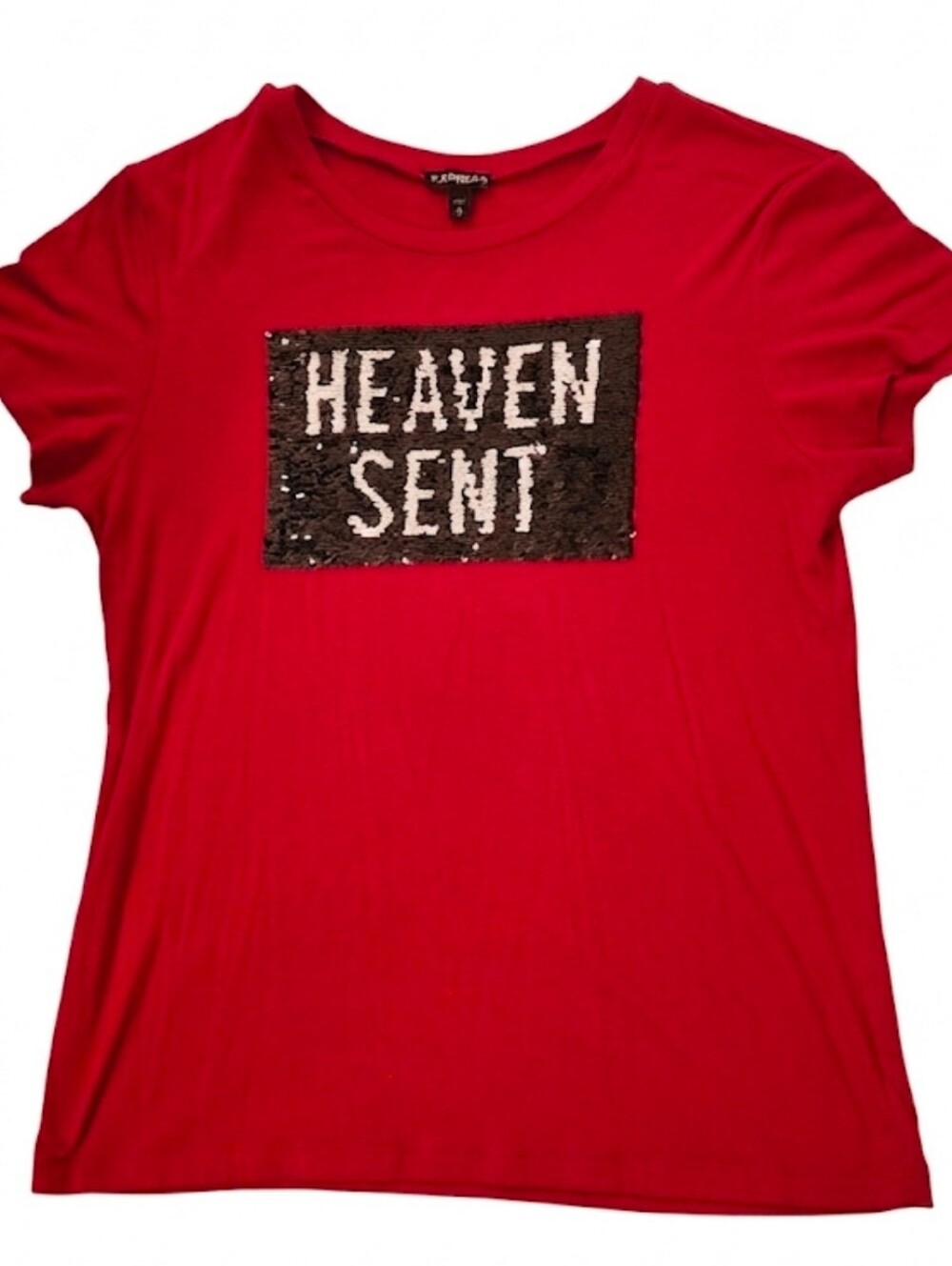 Express Red Short Sleeve Tee with 'Heaven Sent' Sequin Panel Size Medium